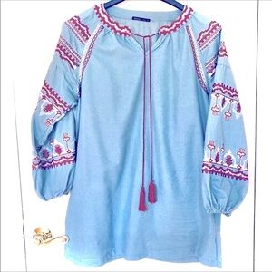 BREAKOUT Bohemian Tunic Top Balloon Sleeves Cotton Fully Embroidered Size Large